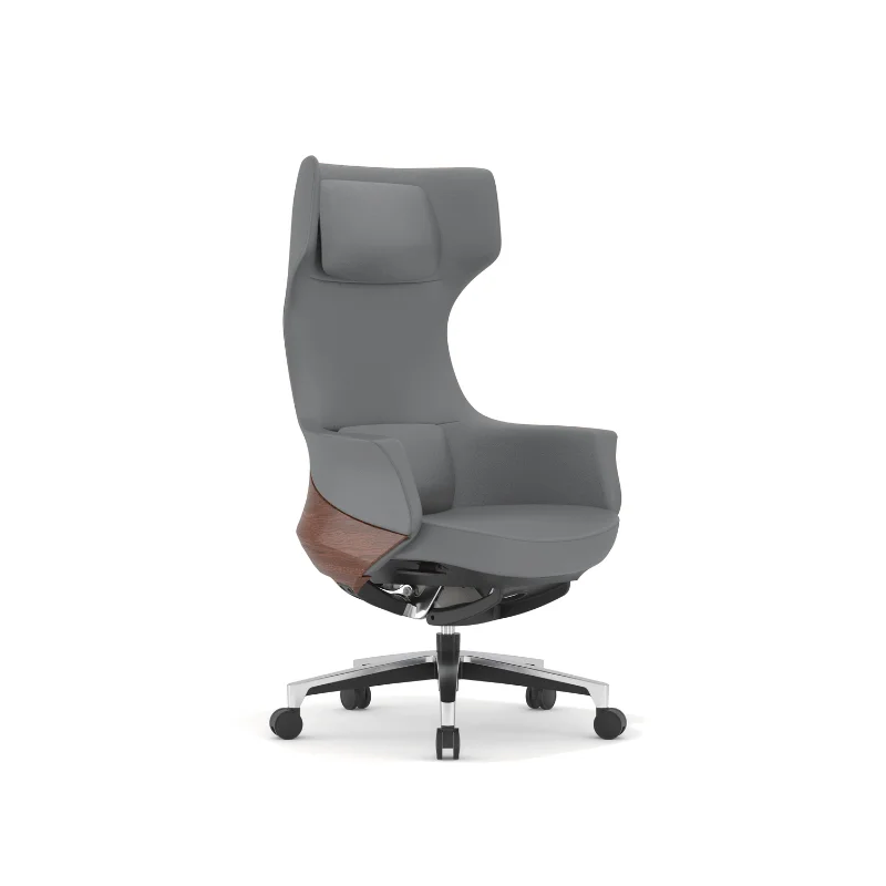 Gray high-back office chair with armrests and caster wheels