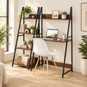 KAESID black metal and wood ladder shelf with integrated desk in a warm home office