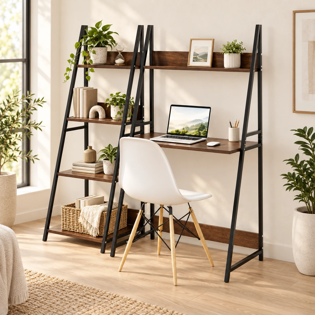 KAESID black metal and wood ladder shelf with integrated desk in a warm home office