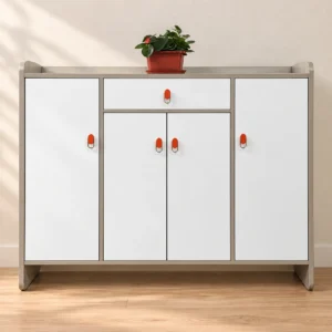 White four-door shoe cabinet with a central drawer, orange handles and champagne-gray frame in a warm entryway