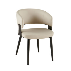 Cream accent chair with curved open-back detail, dark side supports and four black legs, front three-quarter view
