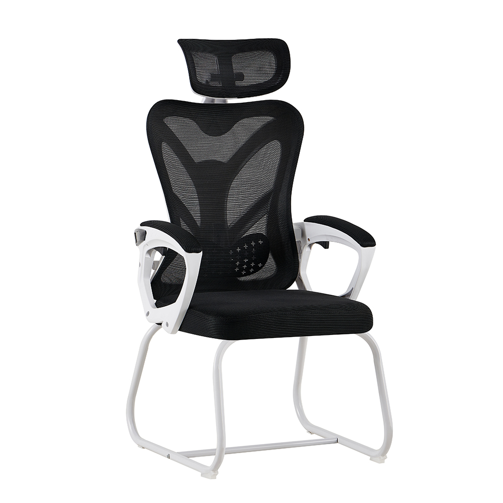 A-10 Black Mesh Meeting Chair with Headrest and White Sled Base