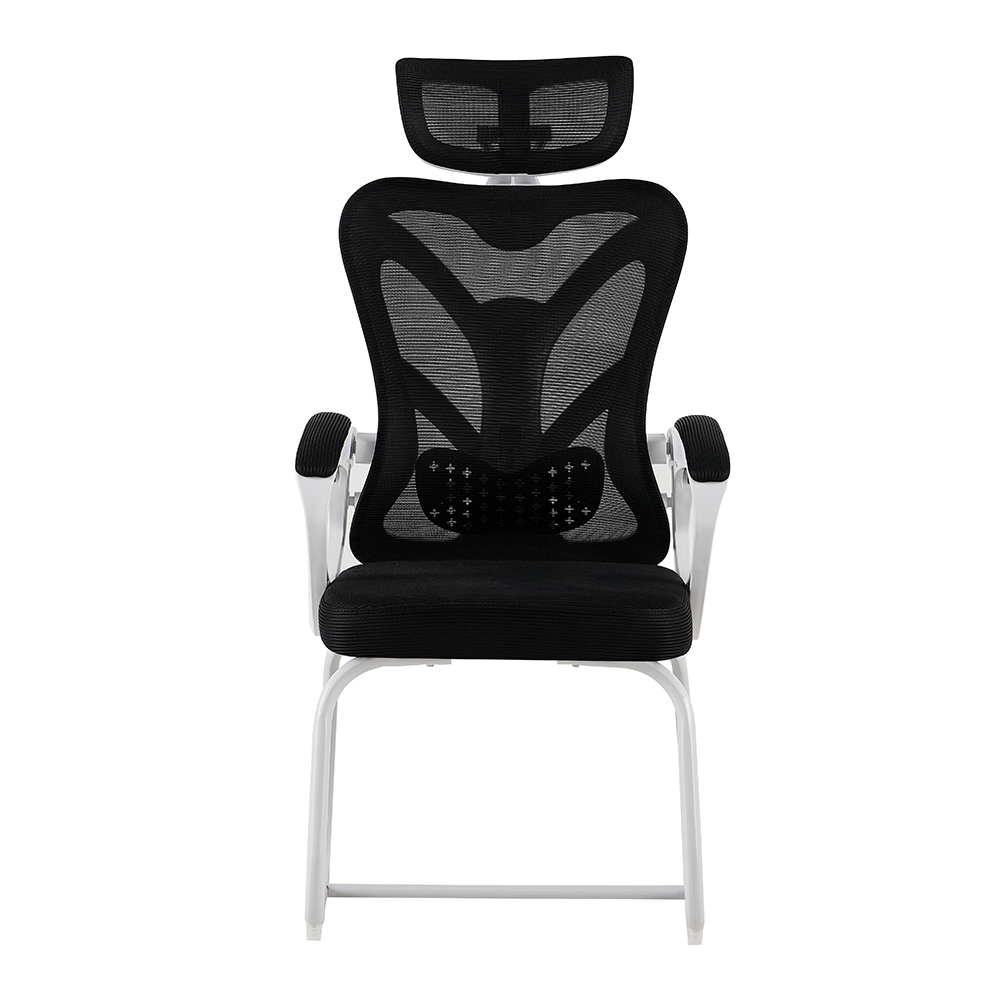 A-10 Black Mesh Meeting Chair with Headrest and White Sled Base - Image 2