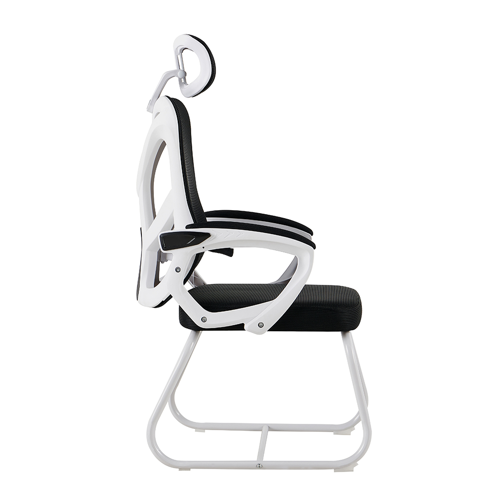 A-10 Black Mesh Meeting Chair with Headrest and White Sled Base - Image 3