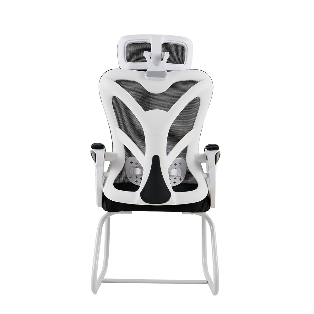A-10 Black Mesh Meeting Chair with Headrest and White Sled Base - Image 4