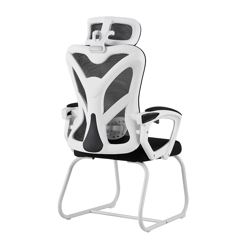 A-10 Black Mesh Meeting Chair with Headrest and White Sled Base - Image 5