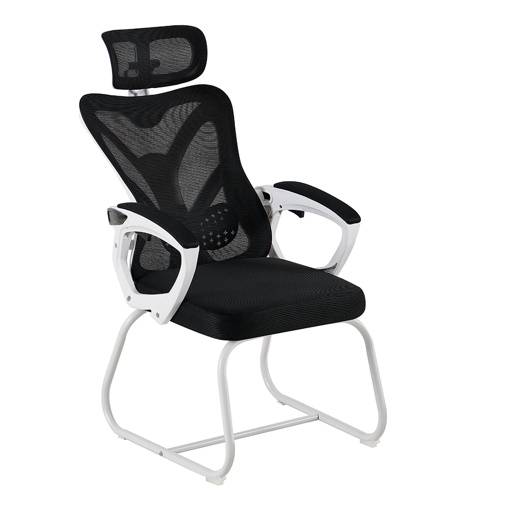 A-10 Black Mesh Meeting Chair with Headrest and White Sled Base - Image 6