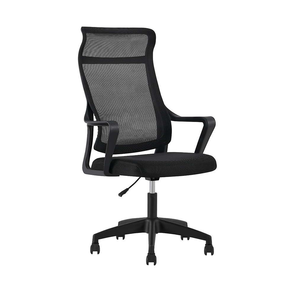 Black mesh office chair with tall back, open armrests and black caster base, front three-quarter view