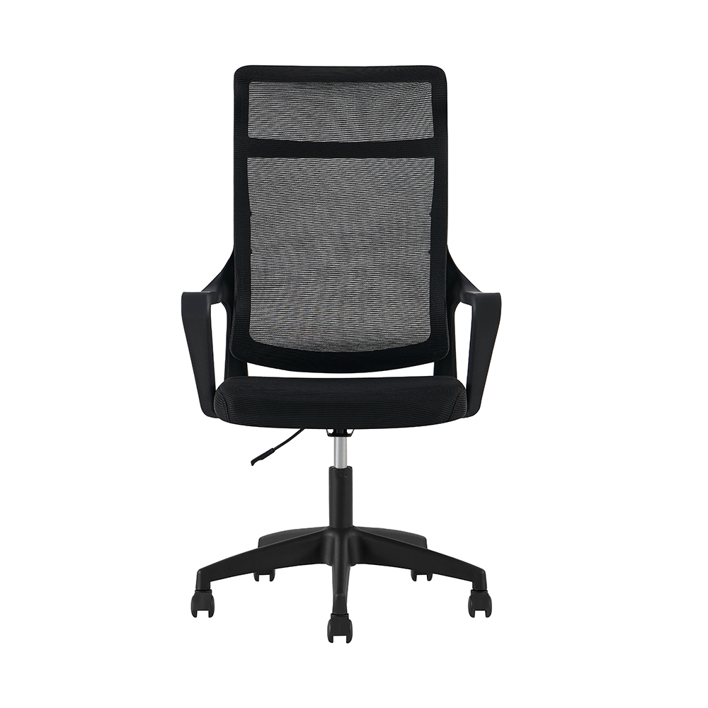 Black mesh office chair with tall back, open armrests and black caster base, front view