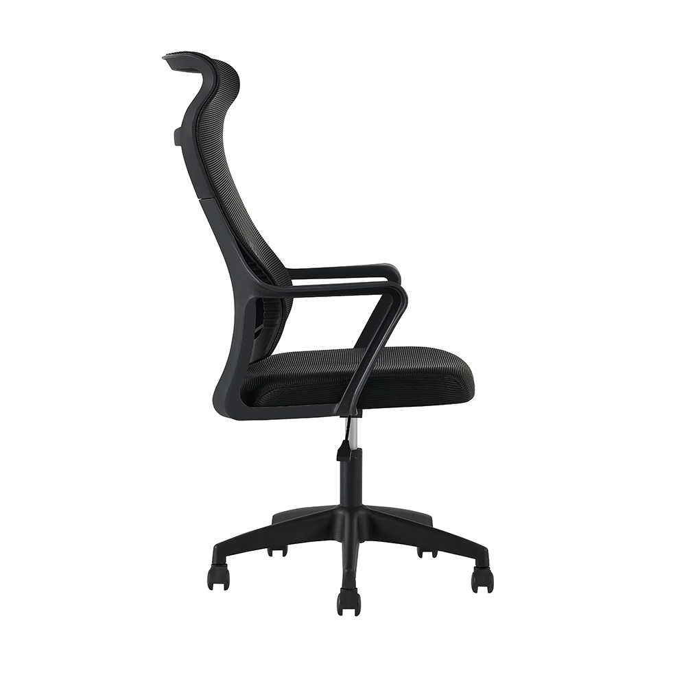 Black mesh office chair with tall back, open armrests and black caster base, side view
