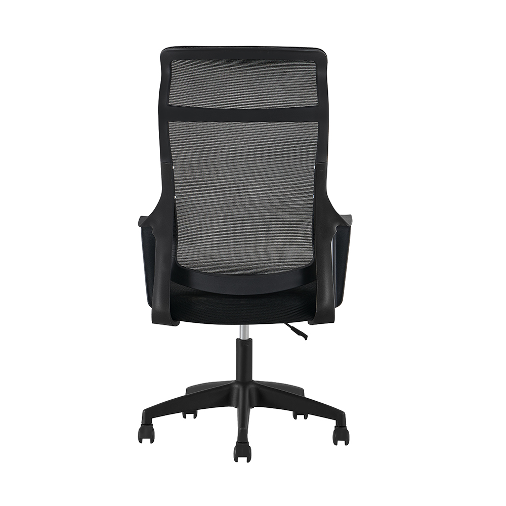 Black mesh office chair with tall back, open armrests and black caster base, back view