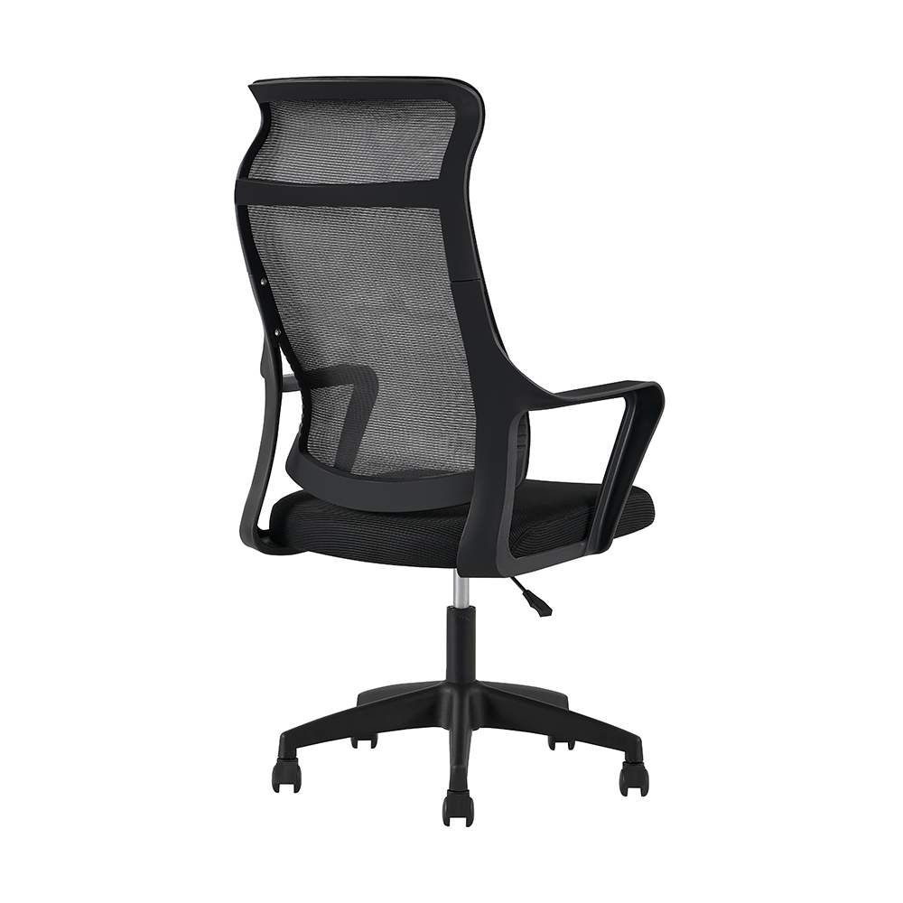 Black mesh office chair with tall back, open armrests and black caster base, rear three-quarter view