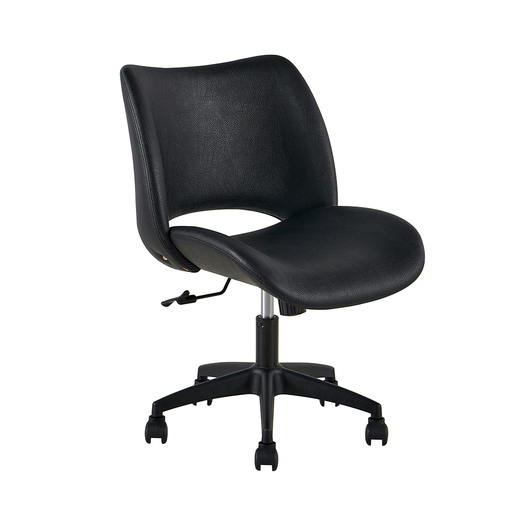 Black armless upholstered office chair with lower-back cutout and black caster base, front three-quarter view