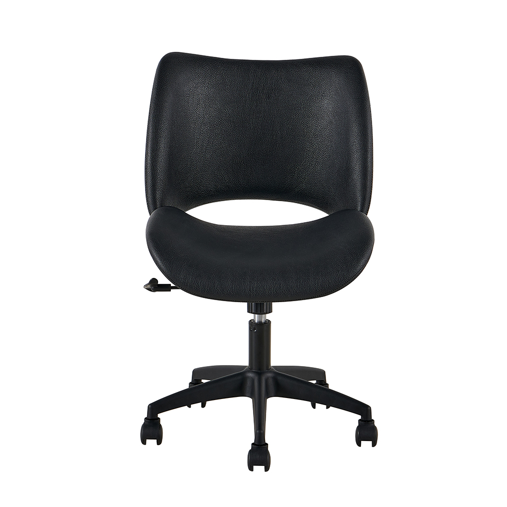 Black armless upholstered office chair with lower-back cutout and black caster base, front view