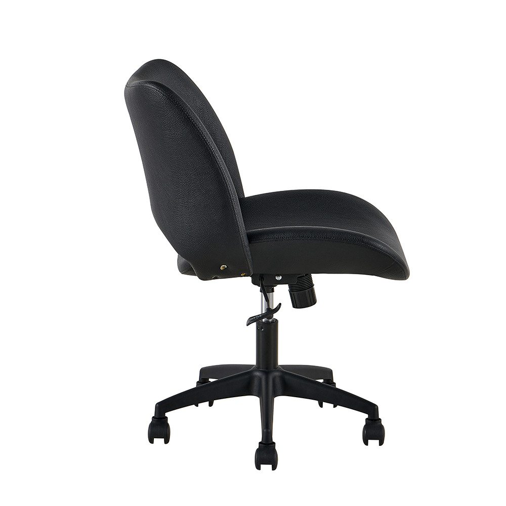 Black armless upholstered office chair with lower-back cutout and black caster base, side view