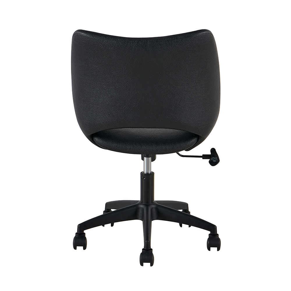 Black armless upholstered office chair with lower-back cutout and black caster base, back view