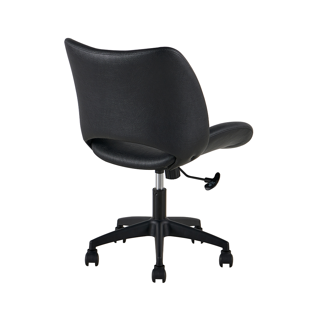 Black armless upholstered office chair with lower-back cutout and black caster base, rear three-quarter view
