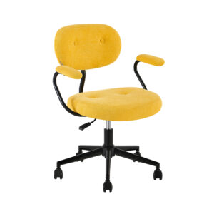 Yellow upholstered office chair with rounded button-detail back, yellow arm pads and black caster base, front three-quarter view