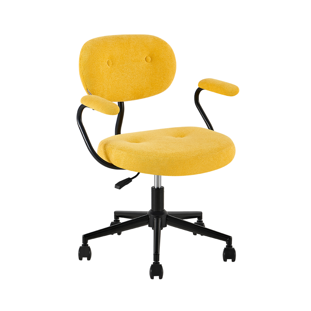 Yellow upholstered office chair with rounded button-detail back, yellow arm pads and black caster base, front three-quarter view