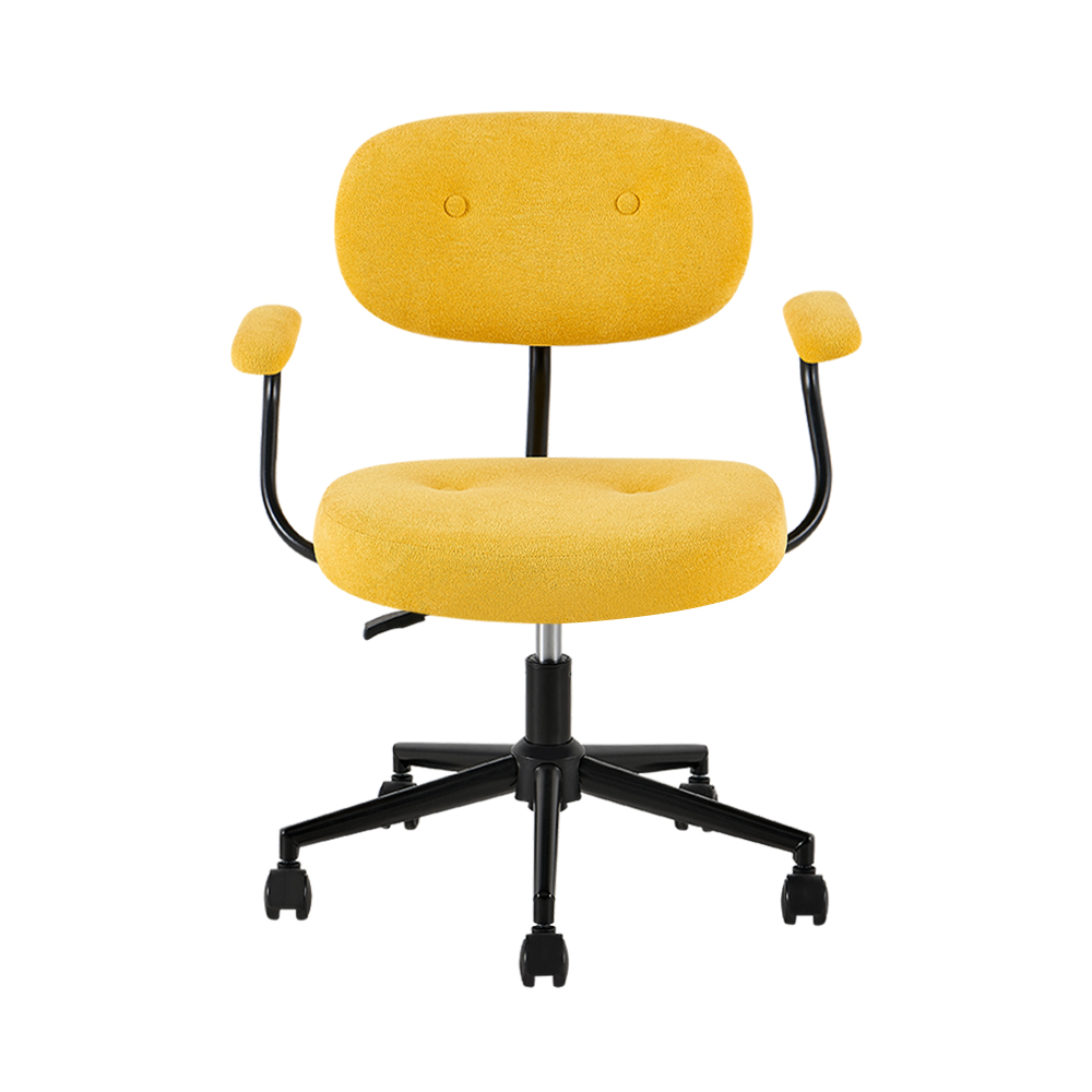 Yellow upholstered office chair with rounded button-detail back, yellow arm pads and black caster base, front view