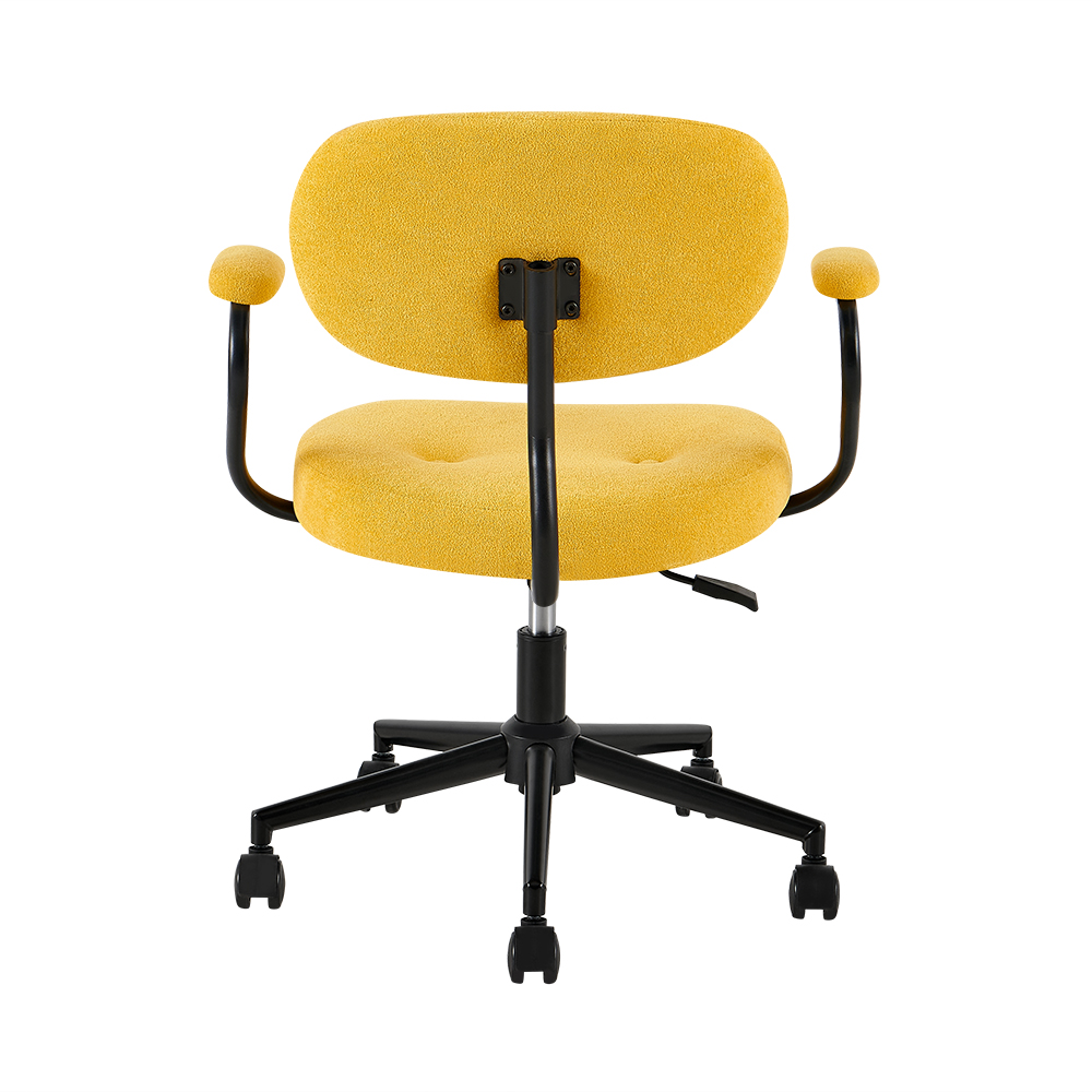 Yellow upholstered office chair with rounded button-detail back, yellow arm pads and black caster base, back view