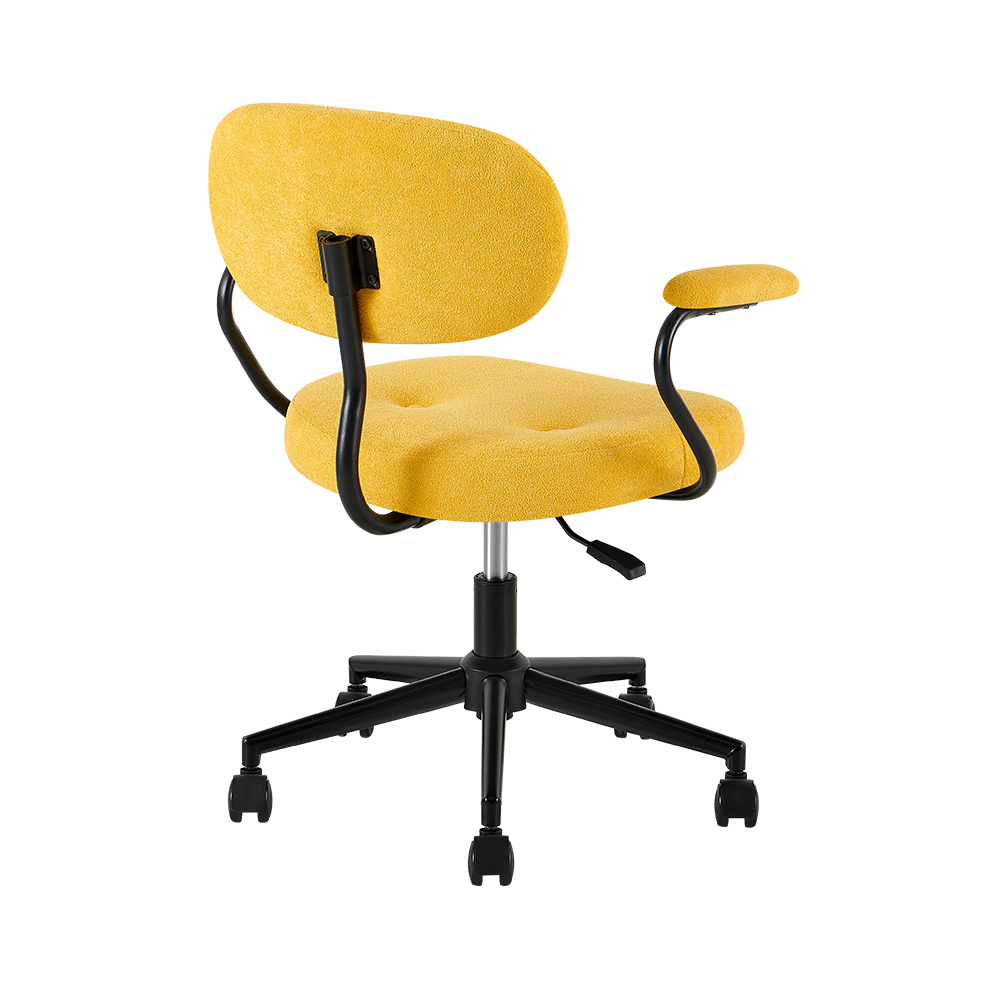 Yellow upholstered office chair with rounded button-detail back, yellow arm pads and black caster base, rear three-quarter view