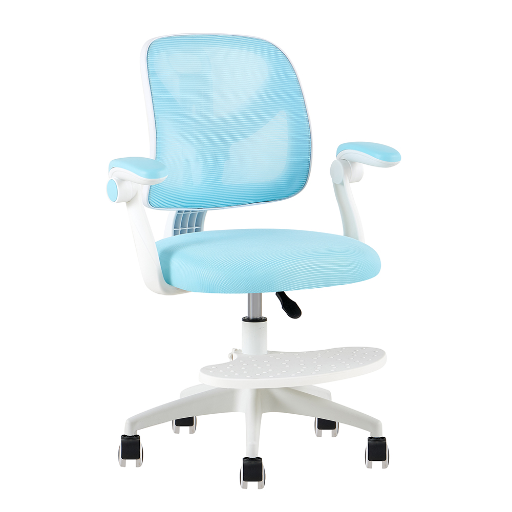 Y-07 Blue Mesh Study Chair with Armrests and Foot Platform - front angle