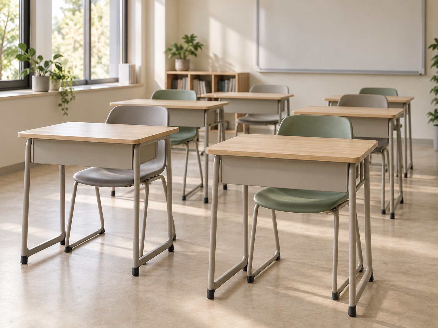 Student desks and chairs in a modern classroom
